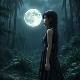 A 3D character of a sad woman gazing at the moon in a dense, rainy forest