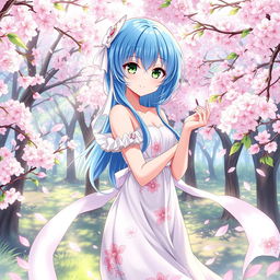 A stunning anime girl with vibrant blue hair and bright green eyes, wearing a flowing white dress adorned with floral patterns