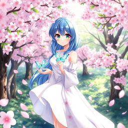 A stunning anime girl with vibrant blue hair and bright green eyes, wearing a flowing white dress adorned with floral patterns