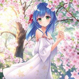 A stunning anime girl with vibrant blue hair and bright green eyes, wearing a flowing white dress adorned with floral patterns