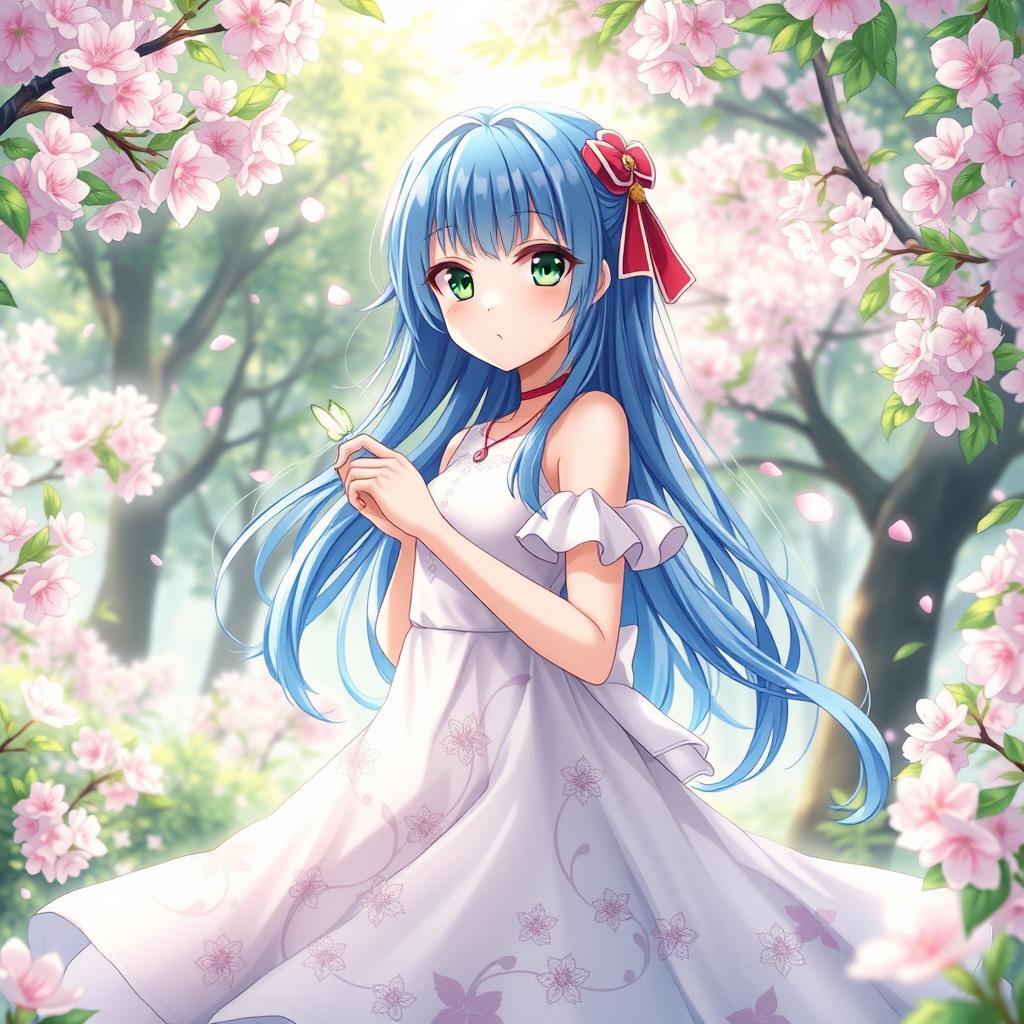 A stunning anime girl with vibrant blue hair and bright green eyes, wearing a flowing white dress adorned with floral patterns