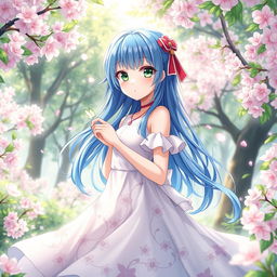 A stunning anime girl with vibrant blue hair and bright green eyes, wearing a flowing white dress adorned with floral patterns