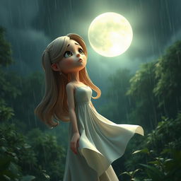 A 3D character of a sad woman standing in a peaceful, rain-soaked forest, gazing up at the moon