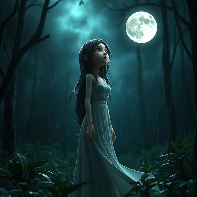 A 3D character of a sad woman standing in a peaceful, rain-soaked forest, gazing up at the moon