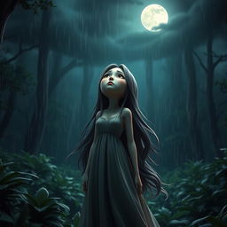 A 3D character of a sad woman standing in a peaceful, rain-soaked forest, gazing up at the moon