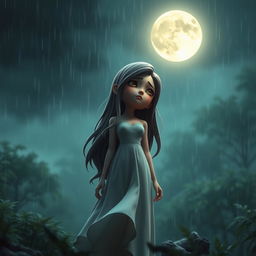 A 3D character of a sad woman standing in a peaceful, rain-soaked forest, gazing up at the moon