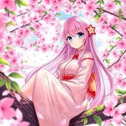 A captivating anime girl with long pink hair and sparkling blue eyes, sitting gracefully in the branches of a blooming sakura tree