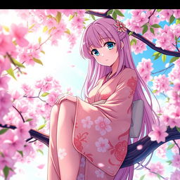 A captivating anime girl with long pink hair and sparkling blue eyes, sitting gracefully in the branches of a blooming sakura tree