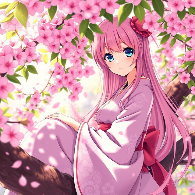 A captivating anime girl with long pink hair and sparkling blue eyes, sitting gracefully in the branches of a blooming sakura tree