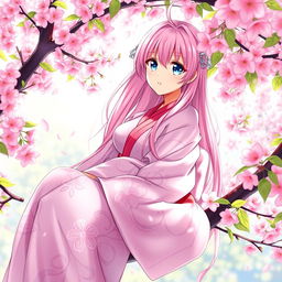 A captivating anime girl with long pink hair and sparkling blue eyes, sitting gracefully in the branches of a blooming sakura tree