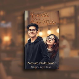 A romantic book cover design for a novel titled 'Hoodie dan Kaca Mata' by author Neyaz Nabihan