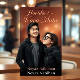 A romantic book cover design for a novel titled 'Hoodie dan Kaca Mata' by author Neyaz Nabihan