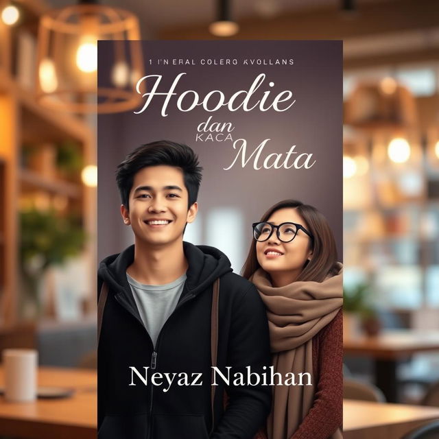 A romantic book cover design for a novel titled 'Hoodie dan Kaca Mata' by author Neyaz Nabihan