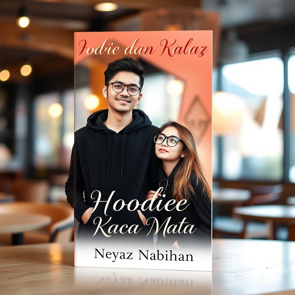 A romantic book cover design for a novel titled 'Hoodie dan Kaca Mata' by author Neyaz Nabihan