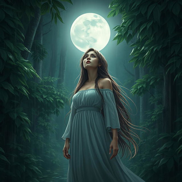 A character of a sad woman standing in a lush, rain-drenched forest, looking up at the full moon