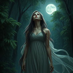 A character of a sad woman standing in a lush, rain-drenched forest, looking up at the full moon