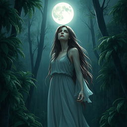 A character of a sad woman standing in a lush, rain-drenched forest, looking up at the full moon