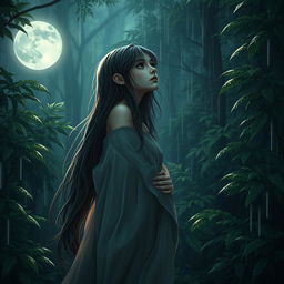 A character of a sad woman standing in a lush, rain-drenched forest, looking up at the full moon