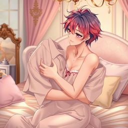 An intimate and romantic scene featuring an anime couple in a missionary position, with a focus on their expressions displaying love and tenderness