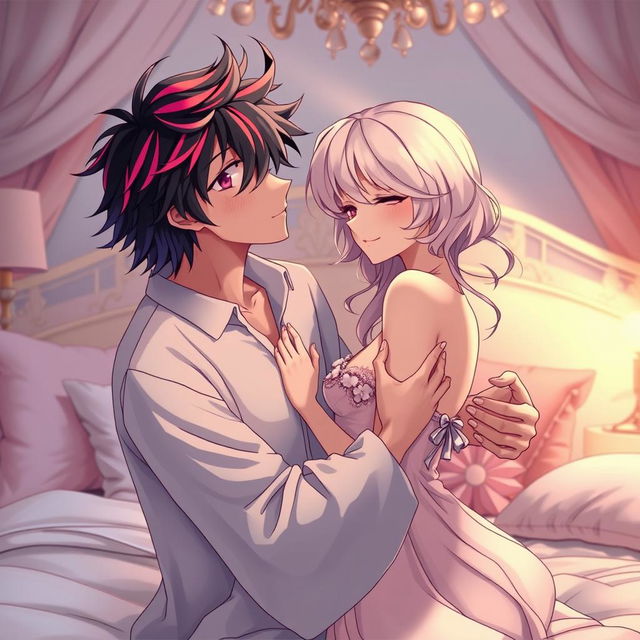 An intimate and romantic scene featuring an anime couple in a missionary position, with a focus on their expressions displaying love and tenderness