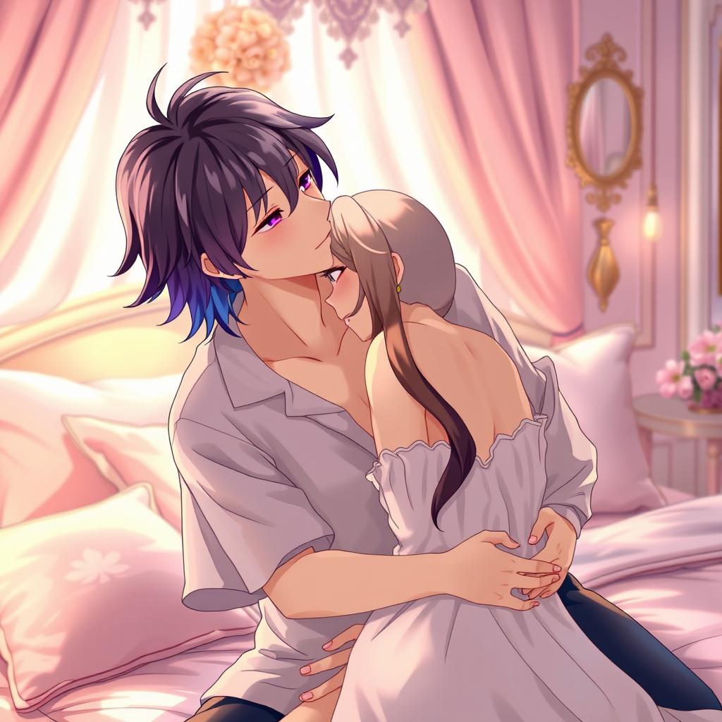 An intimate and romantic scene featuring an anime couple in a missionary position, with a focus on their expressions displaying love and tenderness