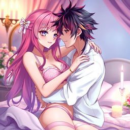 An anime couple in a romantic and intimate pose, showcasing a beautiful bedroom setting with soft lighting and elegant decor