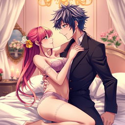 An anime couple in a romantic and intimate pose, showcasing a beautiful bedroom setting with soft lighting and elegant decor