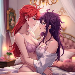 An anime couple in a romantic and intimate pose, showcasing a beautiful bedroom setting with soft lighting and elegant decor