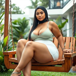 A full-body image of a beautiful 21-year-old woman with Latina features, wearing a tight white short and a light green low-cut tank top