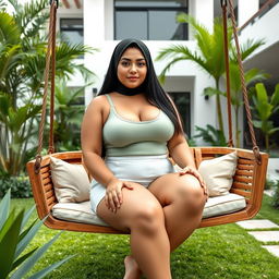 A full-body image of a beautiful 21-year-old woman with Latina features, wearing a tight white short and a light green low-cut tank top