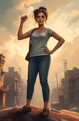 A poignant and inspirational scene illustrating Najva, a determined young woman, standing strong against a backdrop of her tumultuous past