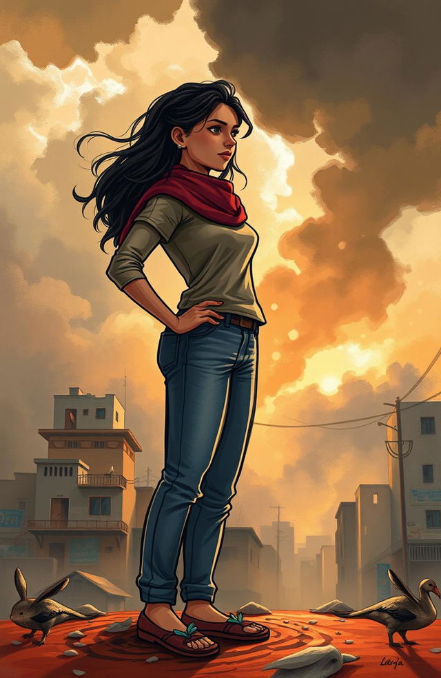 A poignant and inspirational scene illustrating Najva, a determined young woman, standing strong against a backdrop of her tumultuous past