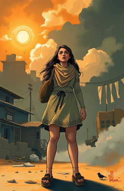 A poignant and inspirational scene illustrating Najva, a determined young woman, standing strong against a backdrop of her tumultuous past
