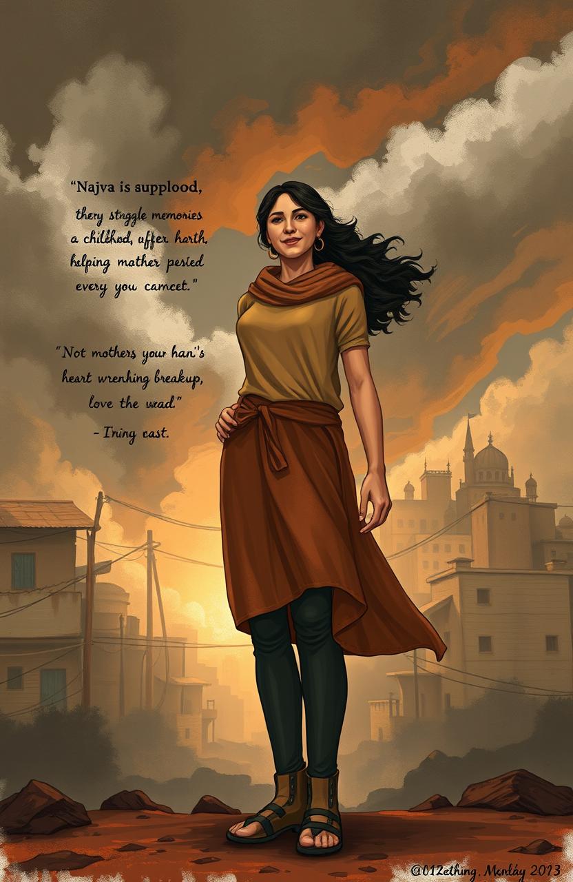 A poignant and inspirational scene illustrating Najva, a determined young woman, standing strong against a backdrop of her tumultuous past