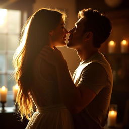 An intimate and romantic scene of a couple sharing a passionate kiss, their silhouettes illuminated by soft golden light