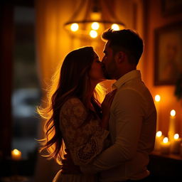 An intimate and romantic scene of a couple sharing a passionate kiss, their silhouettes illuminated by soft golden light