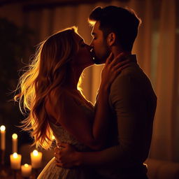 An intimate and romantic scene of a couple sharing a passionate kiss, their silhouettes illuminated by soft golden light