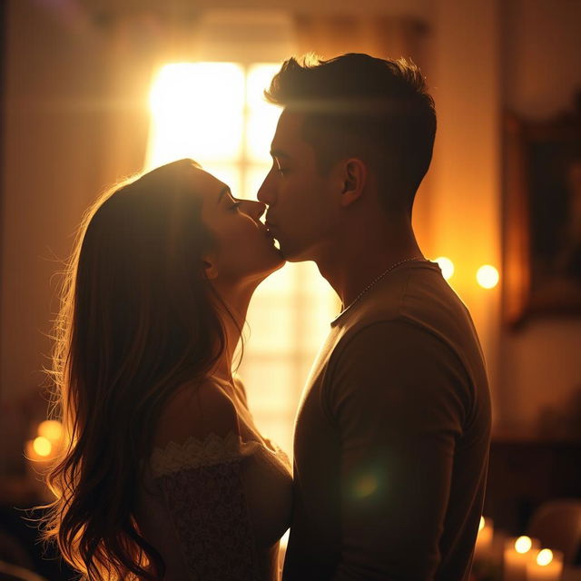 An intimate and romantic scene of a couple sharing a passionate kiss, their silhouettes illuminated by soft golden light