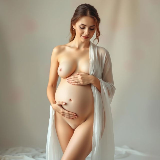 A serene and beautiful portrait of a nude pregnant woman, showcasing her natural beauty and the glow of motherhood