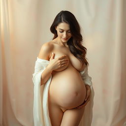 A serene and beautiful portrait of a nude pregnant woman, showcasing her natural beauty and the glow of motherhood