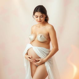 A serene and beautiful portrait of a nude pregnant woman, showcasing her natural beauty and the glow of motherhood