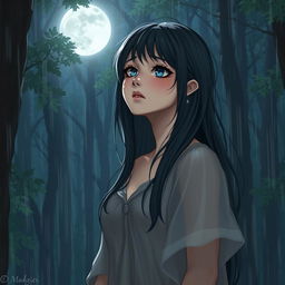 A character of a sad woman with dark gray hair and striking blue eyes, standing in a rain-soaked forest while gazing up at the moon
