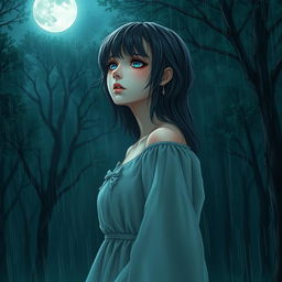 A character of a sad woman with dark gray hair and striking blue eyes, standing in a rain-soaked forest while gazing up at the moon