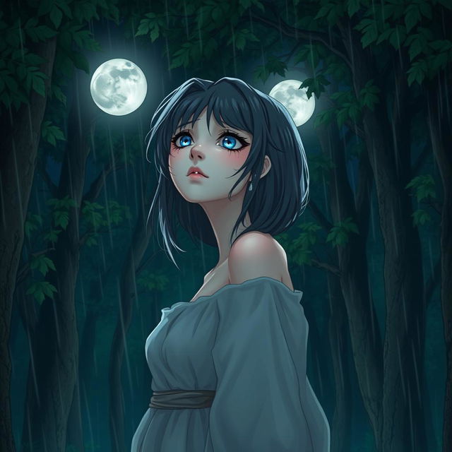 A character of a sad woman with dark gray hair and striking blue eyes, standing in a rain-soaked forest while gazing up at the moon