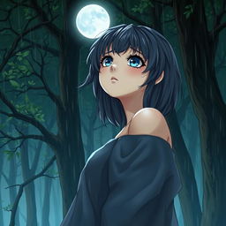 A character of a sad woman with dark gray hair and striking blue eyes, standing in a rain-soaked forest while gazing up at the moon