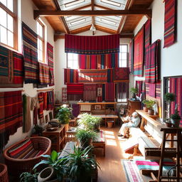 An interior view of an Andean textile center showcasing vibrant colors and traditional patterns