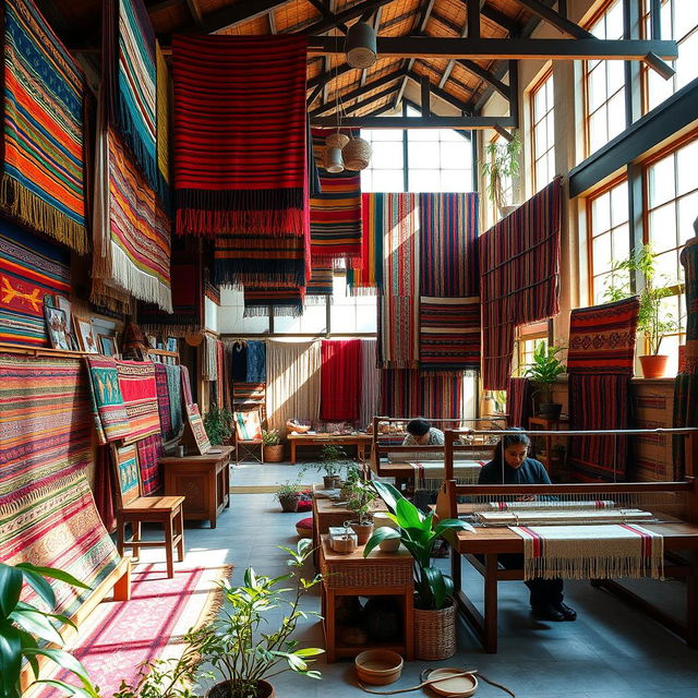 An interior view of an Andean textile center showcasing vibrant colors and traditional patterns