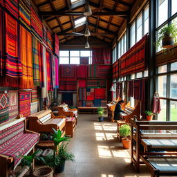An interior view of an Andean textile center showcasing vibrant colors and traditional patterns