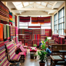 An interior view of an Andean textile center showcasing vibrant colors and traditional patterns