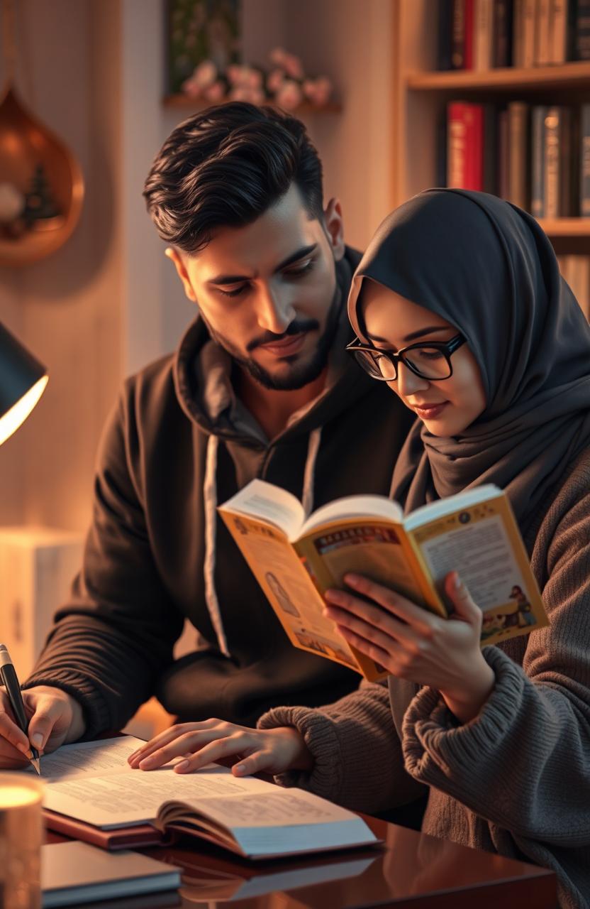 A romantic scene depicting a male writer named Neyaz Nabihan wearing a stylish hoodie